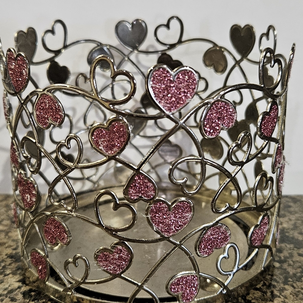 Bath & Body Works Pink and Silver Heart Candle Holder EUC